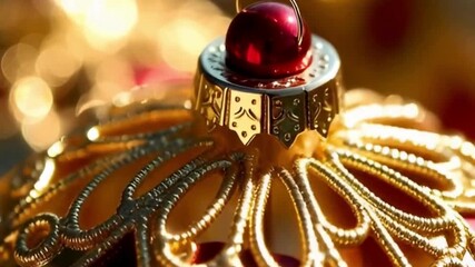 A close-up photograph of a luxury Christmas ornament in macro style, featuring gold and red filigree with bokeh effects. - Powered by Adobe