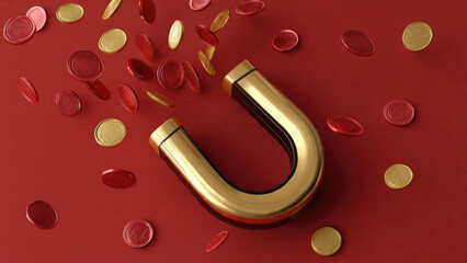 A golden horseshoe magnet attracts a shower of shiny red and gold coins against a vibrant red background, symbolizing wealth attraction and financial opportunity.