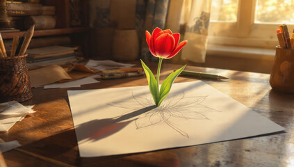 A vibrant red tulip emerges from a pencil sketch on a sunlit wooden desk, symbolizing creativity blooming from art and imagination.