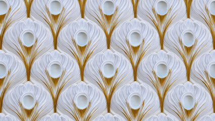 Seamless pattern: elegant white peacock feathers, golden accents. Intricate details surround delicate light blue oval eyes. Luxurious, sophisticated decorative aesthetic.