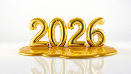 Shiny golden balloon numbers '2026' melting into a reflective golden liquid on a pristine white background, symbolizing time's passage or a new year.