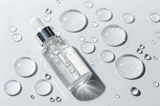 Clear cosmetic serum dropper bottle with pure water drops on a pristine white background, symbolizing advanced hydration, skin health, and rejuvenation