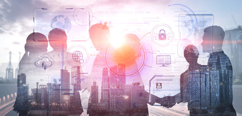 A futuristic command center interface for managing a global technology platform. The dashboard includes data security, network administration, and biometric user authentication. Fermion