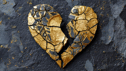 A beautifully fractured golden heart lies on a dark, textured surface. The kintsugi-inspired design symbolizes resilience and healing after breakage, highlighted by shimmering gold.