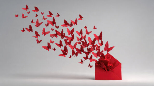 Red paper butterflies gracefully emerge and fly from an open red envelope against a clean grey background, symbolizing love and freedom.