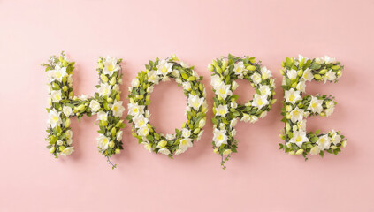 The word 'HOPE' is beautifully formed by white flowers and green foliage against a pastel pink background, conveying optimism and natural beauty.