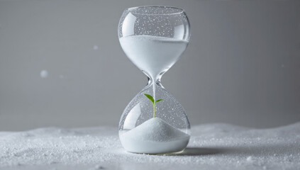 A delicate green sprout emerges from falling white sand within a clear hourglass, symbolizing growth, hope, and resilience amidst the passage of time.