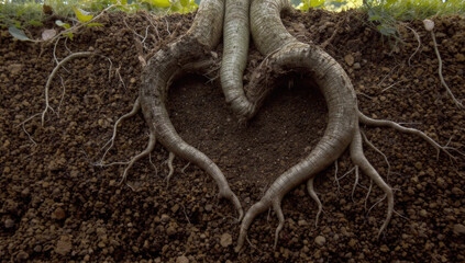 Intricate tree roots form a perfect heart shape nestled in dark soil, symbolizing nature's deep connection, love, and growth.