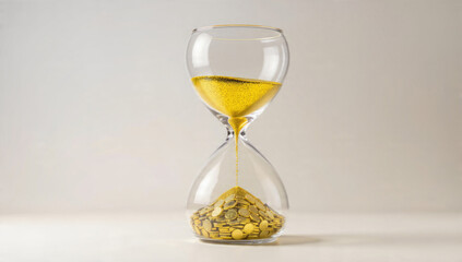 Golden sand falls through an hourglass, converting into a pile of gold coins, a powerful visual metaphor for time equaling money.
