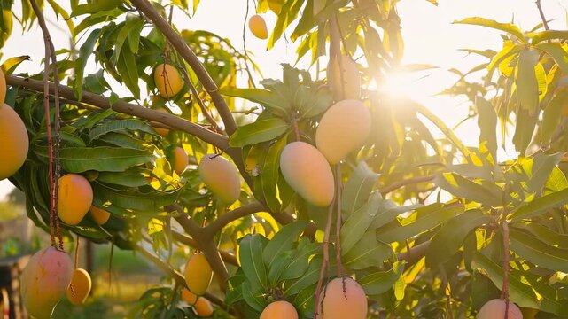 A lush mango tree bears ripe, golden mangoes nestled among vibrant green leaves, illuminated by the warm sunlight. The fruits dangle enticingly, inviting every passerby to enjoy th