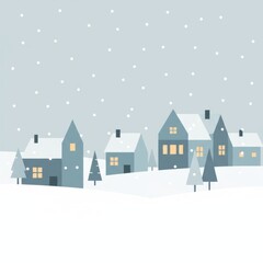 Fototapeta premium A serene winter scene featuring stylized houses blanketed in snow under a pale sky with gently falling snowflakes.