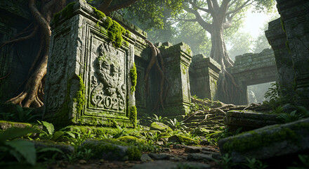 Ancient stone cemetery with old graves and ruined church walls in the dense, overgrown forest landscape