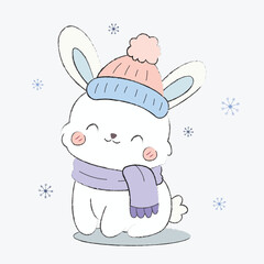 Cute white bunny in winter season doodle illustration. Rabbit wearing scarf and hat clip art vector isolated for asset, design, children, book