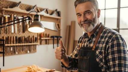 Experienced Middle-aged Man with Gray Hair and Beard in Casual Plaid Shirt and Apron Smiling and Giving Thumbs Up in Woodworking Workshop