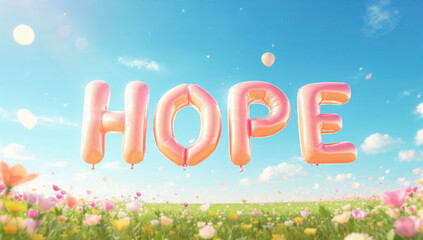 Giant pink "HOPE" balloons float over a cheerful field of colorful spring flowers beneath a bright blue sky, embodying optimism.