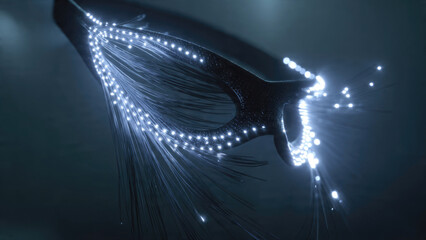 A futuristic digital organism or network node, featuring glowing fiber optic strands emanating from a dark, complex structure, symbolizing advanced data connectivity.