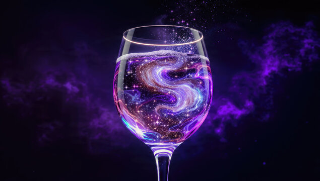 A mesmerizing glass holds a swirling galaxy of vibrant cosmic energy and sparkling stars against a dark, mystical purple background.