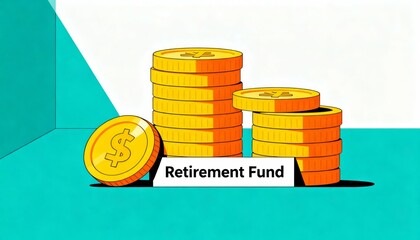 The image features stacked coins and a prominent label for a "Retirement Fund," symbolizing savings and financial planning.