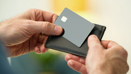 Close-up of a man&rsquo;s hands holding a sleek gray bank card above a minimalist black leather wallet in soft natural light, creating a modern financial and lifestyle scene