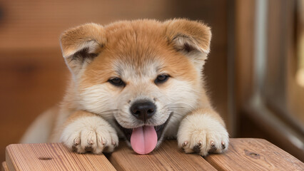 Cucciolo di cane che si &egrave; appoggiato al tavolo