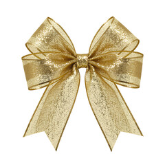Golden bow with glitter texture, shiny festive ribbon, decorative element for gift wrapping on transparent background isolated