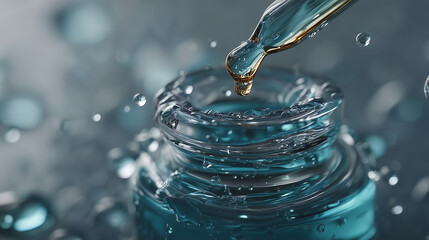 Close up of a dropper dispensing liquid into a clear glass bottle top