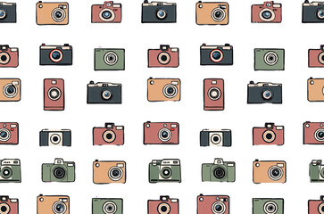 A repeating seamless pattern of colorful, hand-drawn vintage and retro cameras on a white background.