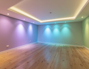 Modern empty room with vibrant color gradient lighting and hardwood floors offers a blank canvas for creative interior design and captivating visual concepts