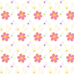 Pink yellow and purple flowers on white background floral pattern