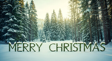 Snowy pine trees in a winter forest landscape under a blue sky, perfect for a Christmas card