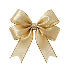 Golden bow with glitter texture, shiny festive ribbon, decorative element for gift wrapping on transparent background isolated