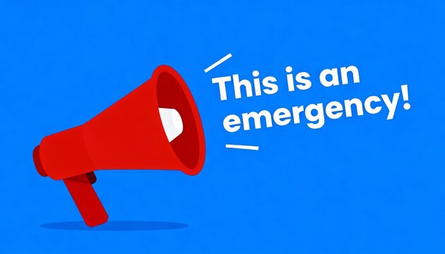 A red megaphone with the text "This is an emergency!" on a blue background conveying urgency and attention.