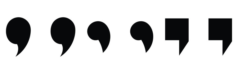 Black dark isolated modern inverted commas icon set on white background. Set of different comas icons. Flat comma silhouette icons set. EPS 10. 