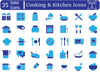 Cooking and Kitchen Icons Set. Food Preparation, Chef Hat, Utensils, and Culinary Tools Vector Glyphs. 35 Solid filled icons vector collection. Editable stroke. Vector illustration