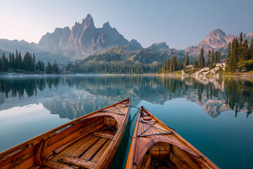 Wooden Canoes on a Mirror Lake at Sunrise with Majestic Alpine Peaks and Pine Reflections - Serene Mountain Landscape