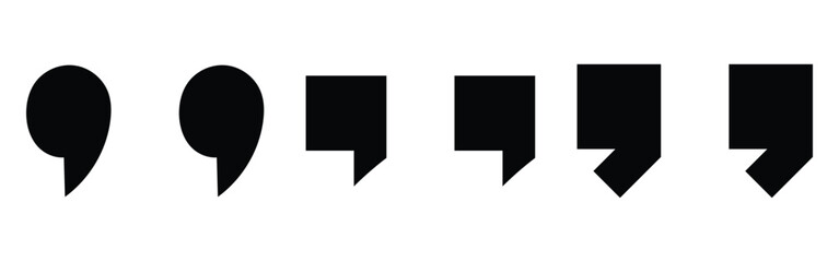 Black dark isolated modern inverted commas icon set on white background. Set of different comas icons. Flat comma silhouette icons set. EPS 10. 