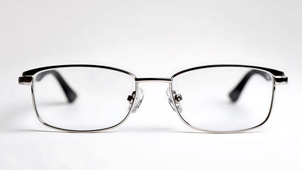 Sleek Silver and Black Rectangular Eyeglasses in a Clean, Minimalist Studio Setting