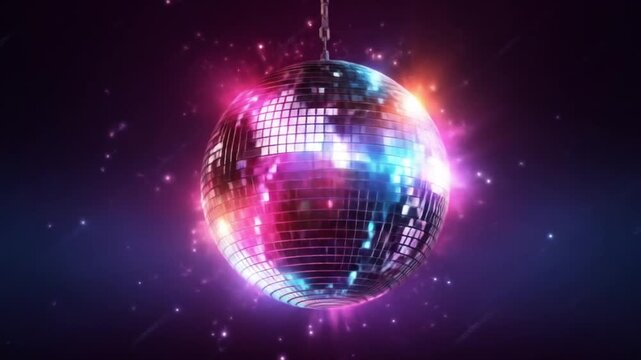 A dazzling disco ball hangs in a vivid neon pink cosmos reflecting shimmering starlight across space
