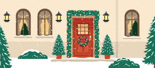 Snowy Christmas House Front Door with Holiday Decorations. Cozy Winter Home Entrance. Welcoming Winter Doorway