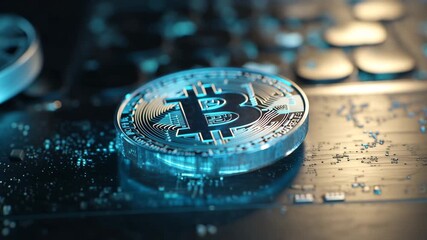 Ultra HD Close up of a physical bitcoin cryptocurrency coin resting on a dark electronic circuit board with blue light reflection video - Powered by Adobe