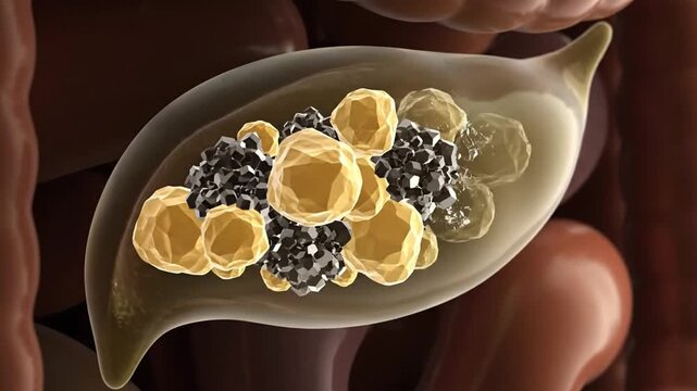 A 3D animation showing the formation of gallstones in the gallbladder