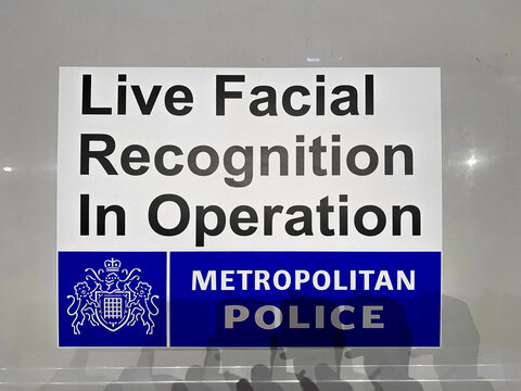 Metropolitan Police Service (The Met - Scotland Yard) Live Facial Recognition (LFR Sign) Technology In Operation Signage, Westfield Shopping Centre, White City, London, UK &ndash; 1 December 2025