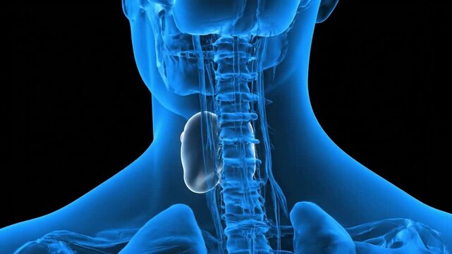A 3D medical animation of a cancerous tumor growing on the thyroid gland