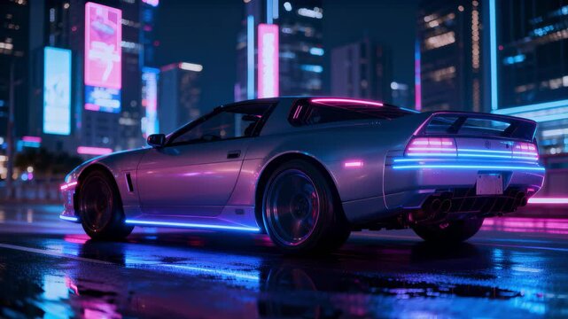 silver sports car with glowing blue underlights and pink neon accents, parked on a wet, dark city street, reflecting the neon signs and towering buildings of a cyberpunk metropolis at night