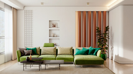 Fototapeta premium Large luxury modern bright interiors Living room mockup illustration 3D rendering image