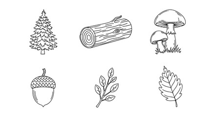Nature elements: hand-drawn forest icons featuring trees, mushrooms, and leaves