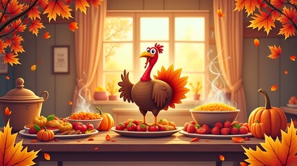 Vector illustration of a Happy Thanksgiving celebration design featuring a cheerful cartoon turkey surrounded by colorful autumn leaves, bright festive colors, clean flat style