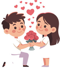Cute Romantic Couple Illustration – Boy Giving Flowers with Hearts and Love Theme