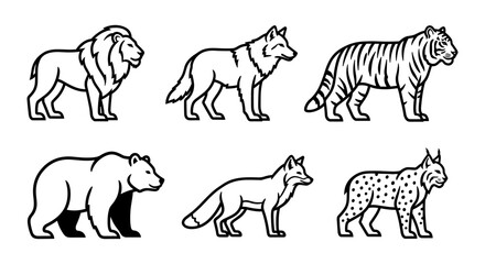 Stylized animal outlines: bold line art of wild creatures including lion, wolf, and tiger