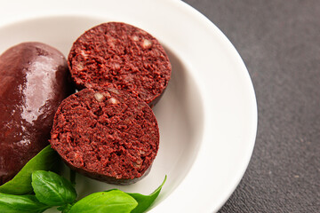 Black pudding blood sausage dish natural product tasty snack fresh delicious gourmet food background on the table rustic top view copy space